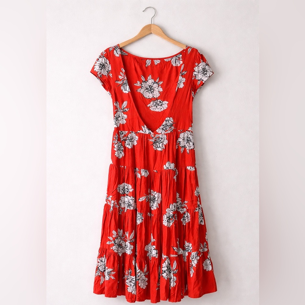 Free People Red Floral Tiered Midi Dress XS Boho Open Back Summer Festival - Picture 3 of 5